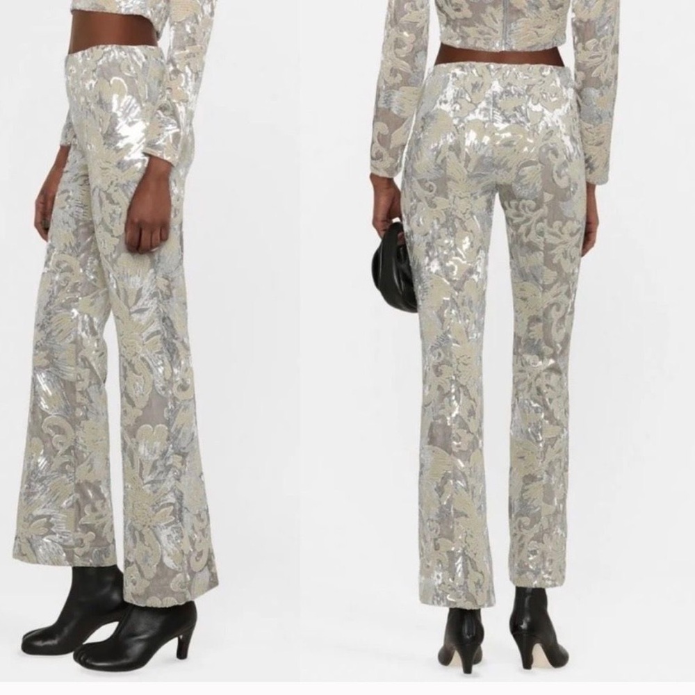Maje Paneli Velvet Floral Sequined Pants in silver size 36/S
